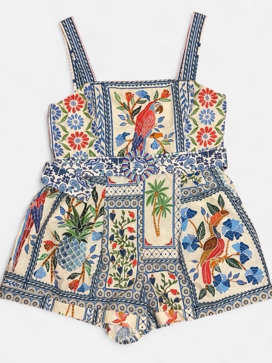 FARM Rio Pants - FARM Rio Tropical Tiles Belted Poplin Cotton Romper Jumpsuit size XL NWT